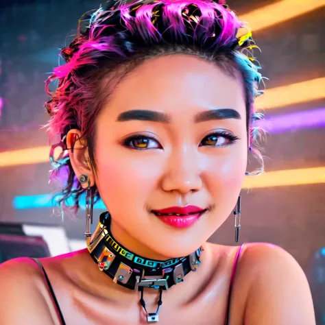 portrait cyber cafe close up beautiful cyberpunk asian woman face with multicolor eyes and short messy curly hair, best quality,...