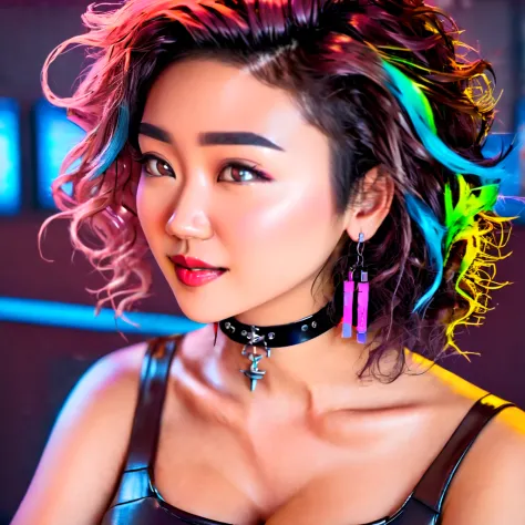 portrait cyber cafe close up beautiful cyberpunk asian woman face with multicolor eyes and short messy curly hair, best quality,...