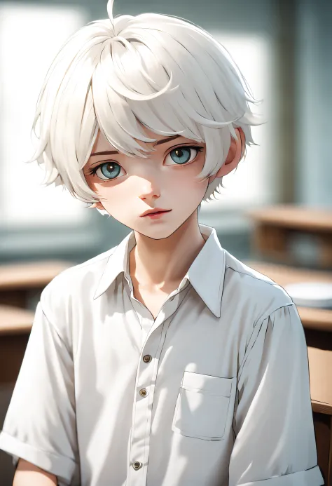 schoolboy, short gray hair, white color blouse, pretty  face, first person perspective, best quality at best, high detal