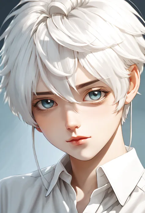 schoolboy, short gray hair, white color blouse, pretty  face, first person perspective, best quality at best, high detal