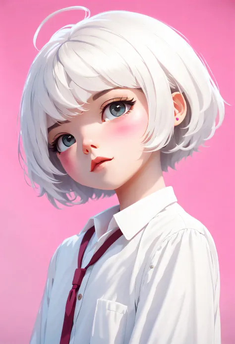 schoolboy, short gray hair, white color blouse, pretty  face, pink back ground, first person perspective, best quality at best, ...