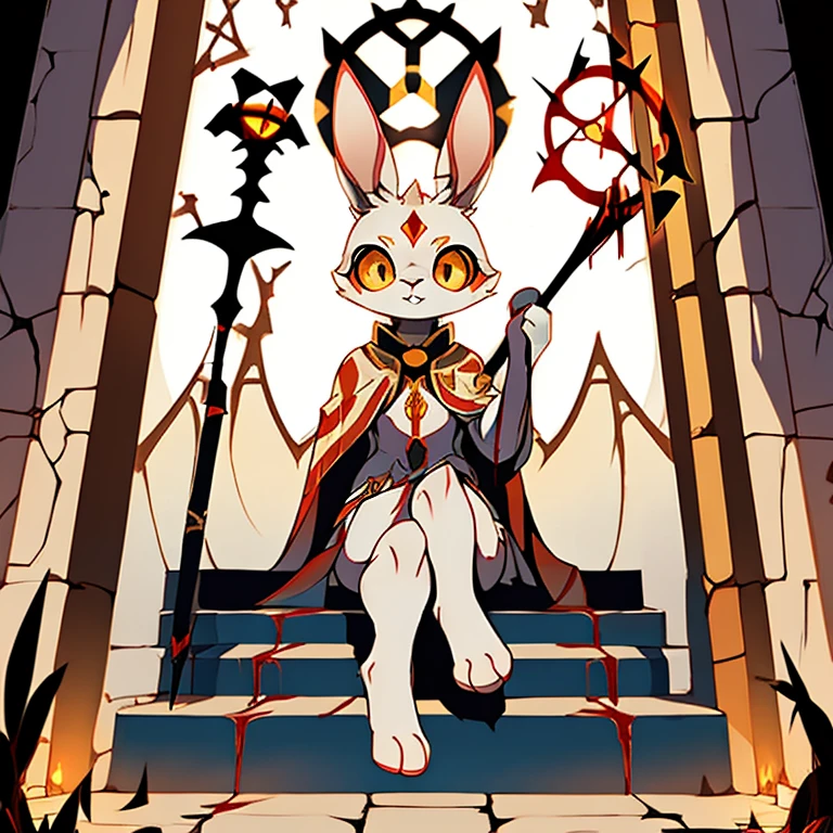 ( 白いウサギ)  巨人への古代の扉を守る ( シンボルが描かれた金色の白いマント) ( ドアのシンボルの星が正面中央にある) ( 金色の目)  ) ( 女性) ( 血まみれ) (杖を手に持ち階段に座っているウサギ)
