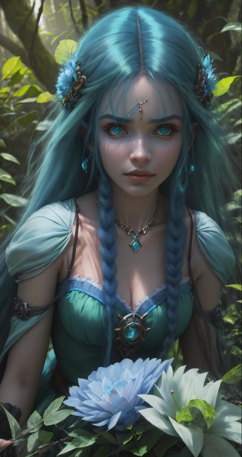 blue hair girl, a girl in the forest, fantasy movie poster, blue hair girl,  girl in a forest at dusk, sunset, jinx from arcane