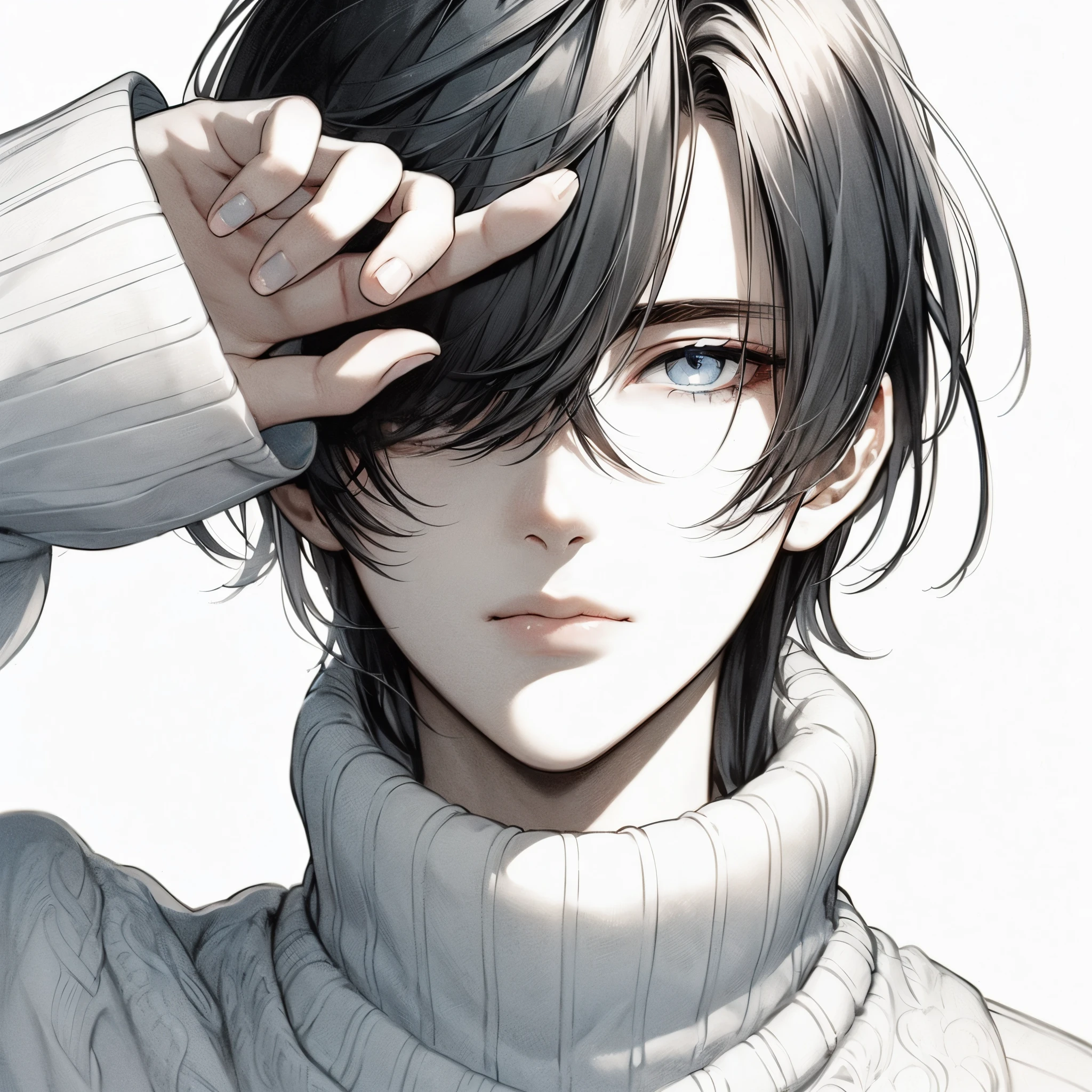 Beautiful young man, shoulder length hair, Straight hair, dull light blue hair, (((Hide one eye with bangs)))、White High Neck Sweater, slit-eyes, Gray eyes, Touch your head, Front view, Composition showing from the waist up, Cool, Handsome,High quality, amount of drawing, pixiv illustration