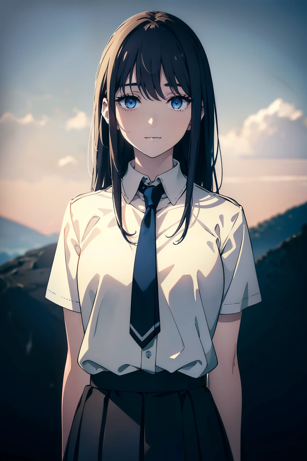 (Obra maestra, La mejor calidad, ultrahigh resolution), 1girl, standing, , white office shirt, black pleated skirt, ((light brown, light brown hair:0.7, blue_hair_pin in hair:0.9, blue_hair_pin:0.9)), long hair cut, pale skin, ((blue eyes)), glowing_eyes, neon eyes, (ultra detailed eyes, beautiful and detailed face, detailed eyes), ((centered)), smile, ((wide shot)), facing viewer, eye level, (blurry background, bright snowy background, winter), flat chested, looking at viewer, ((half closed eyes)), ((perfect hands)), (((head, arms, hips, elbows, in view))), ((hands behind back)), empty eyes, beautiful lighting, outside, outdoors, background, defined subject, 25 years old,