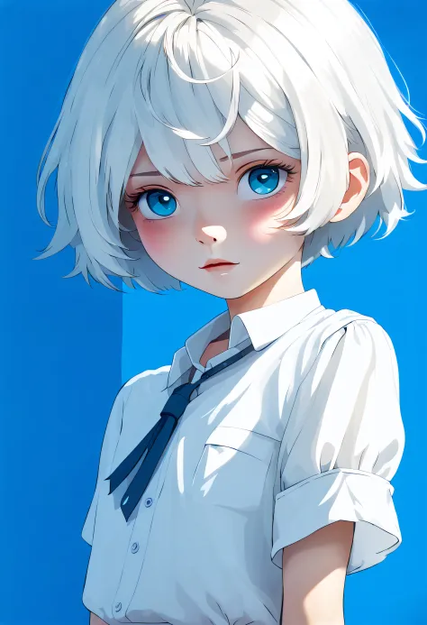 schoolboy, short gray hair, white color blouse, pretty  face, blue backdrop, first person perspective, best quality at best, hig...