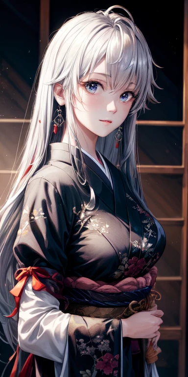 hair ornament, very long hair, japanese clothes, professional artwork, Intricate Details, field of view, sharp focus, detailed painting, photorealistic lighting, trending on pixiv, Standing at attention, ((large breasts:1,3)), Beautiful body,Beautiful Nose,Beautiful character design, perfect eyes, perfect face, looking at viewer, SFW,official art,extremely detailed CG unity 8k wallpaper, perfect lighting,Colorful, Bright_Front_face_Lightinasterpiece:1.0),(best_quality:1.0), ultra high res,4K,ultra-detailed, photography, 8K, HDR, highres, absurdres:1.2, Kodak portra 400, film grain, blurry background, bokeh:1.2, lens flare, (vibrant_color:1.2), shikkoku_yorihime, (seductive look), ((looking at viewer, front body pose)), emphasize the beautifulness of tight