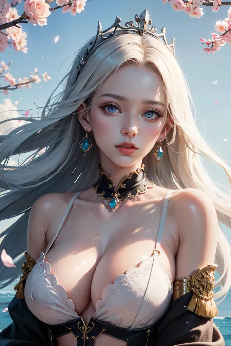 oil painting and cg rendering portrait of fairy, black theme, a nsfw woman with long white hair wearing sleeveless shirt with a crown in falling rose petals, jewelry, pearl_(gemstone), earrings, bracelet, blue eyes, eyelashes, cherry blossoms, white hair, ...