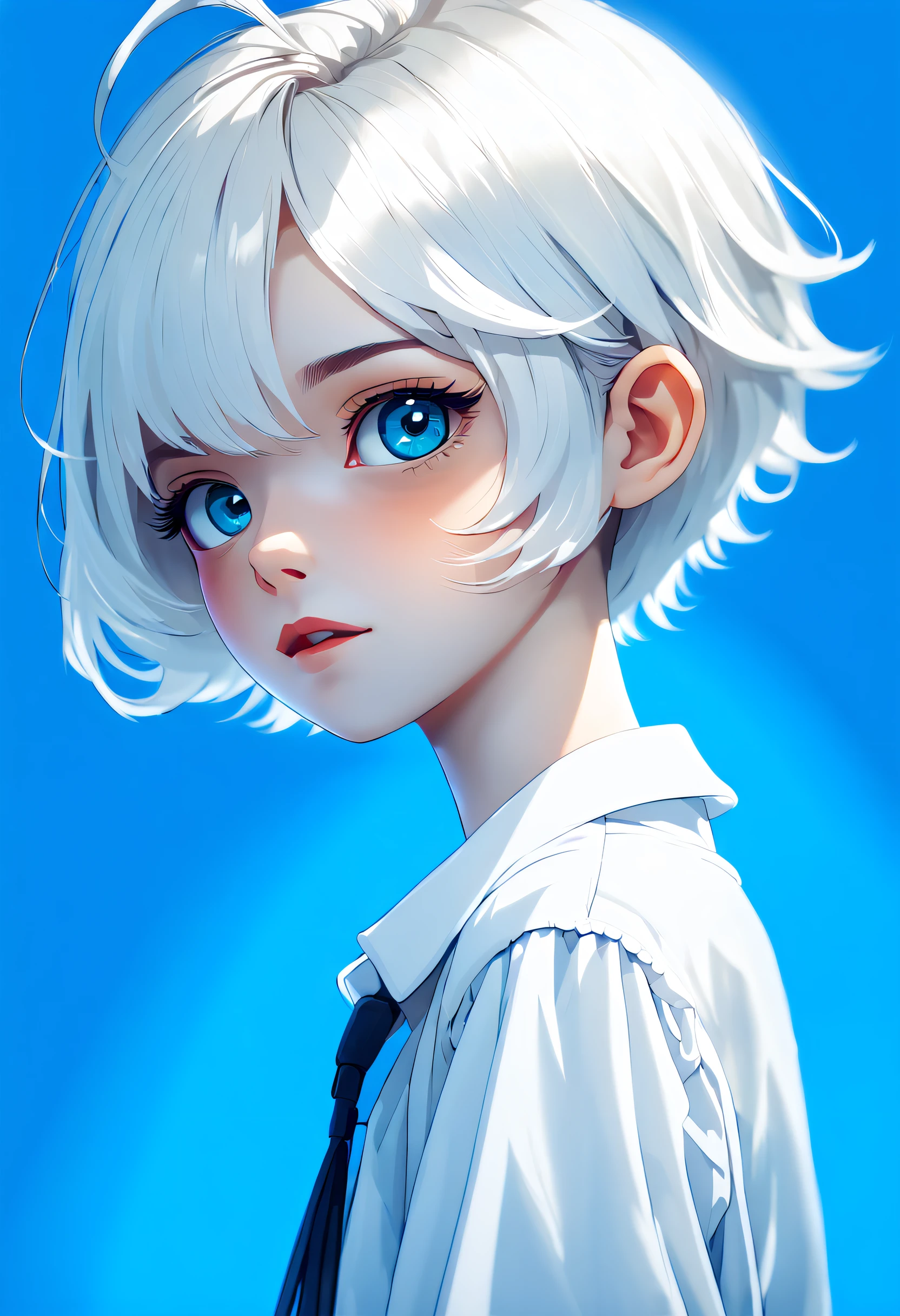 schoolboy, Short gray hair, White color blouse, pretty  face, blue backdrop, first person perspective, Best quality at best, high detal