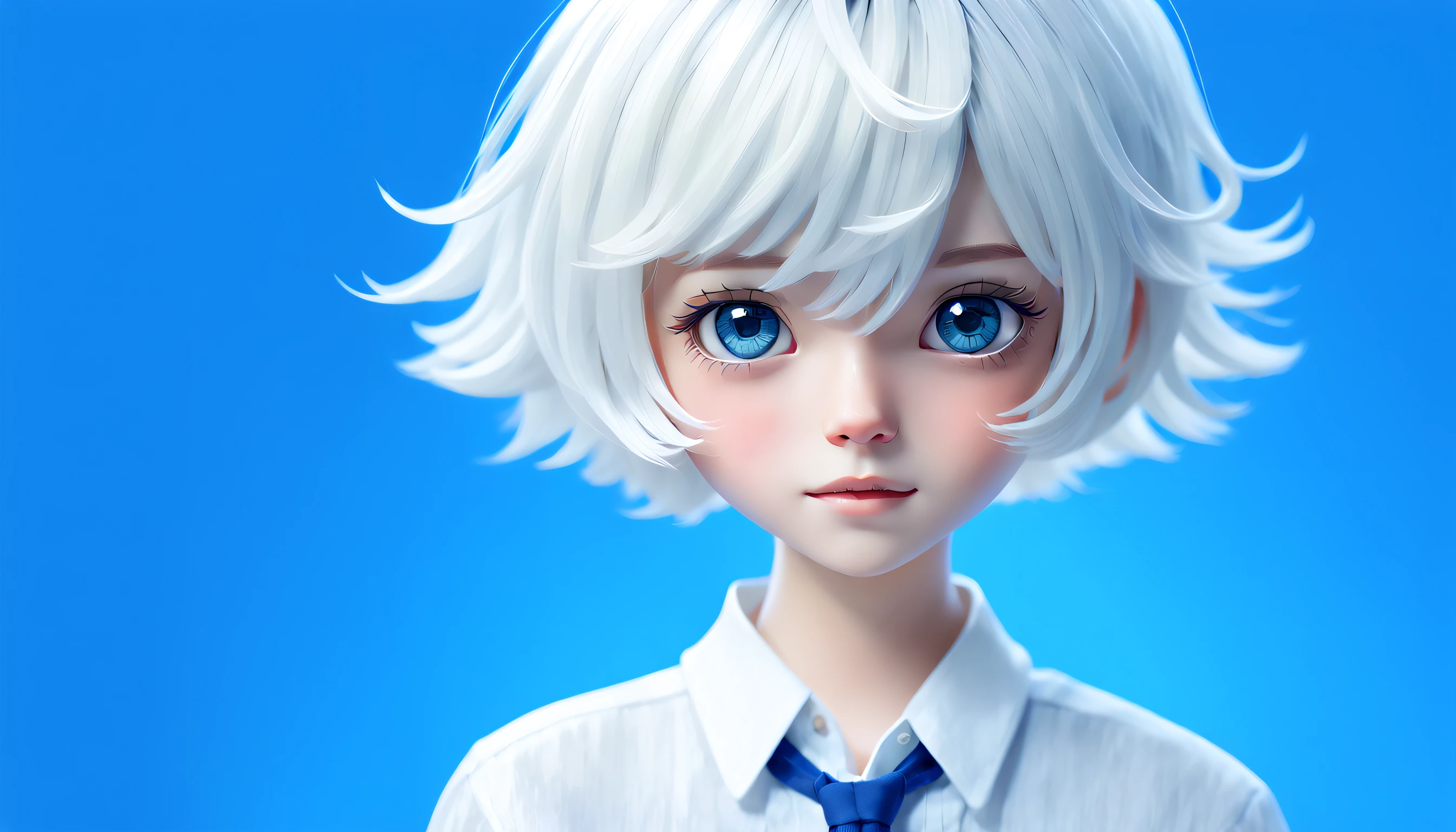 schoolboy, Short gray hair, White color blouse, pretty  face, blue backdrop, first person perspective, Best quality at best, high detal