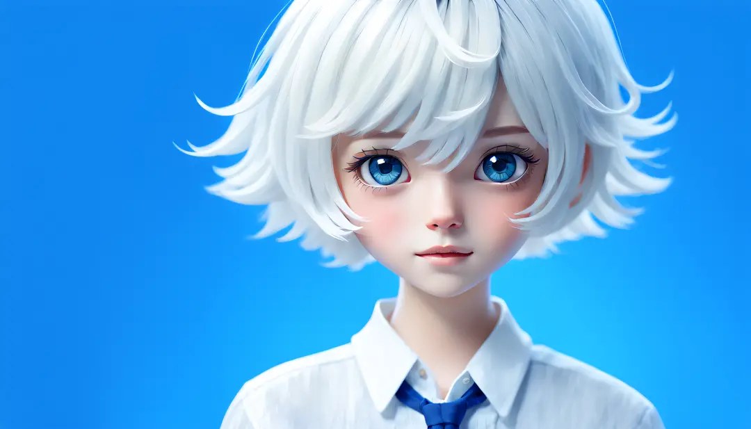 schoolboy, short gray hair, white color blouse, pretty  face, blue backdrop, first person perspective, best quality at best, hig...