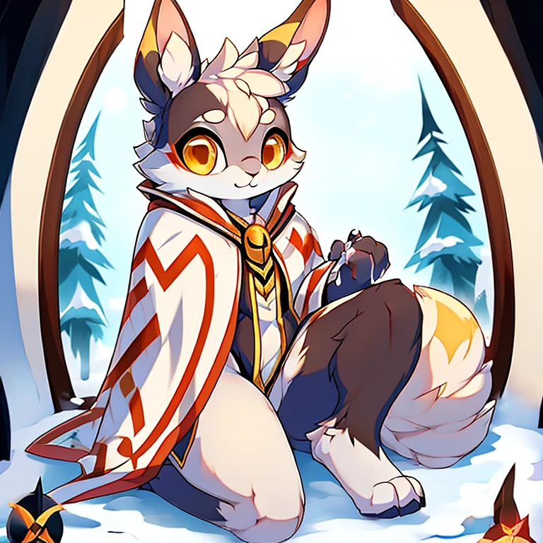( 白色母兔) ( 帶有混沌之星符號的金色白色斗篷 ) ( 金色的眼睛) 坐在雪地上，手上拿著熱巧克力