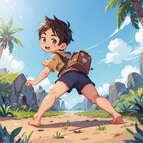 Create an avatar of an adventurous 10-year-old boy showing the soles of his feet and his butt in underwear