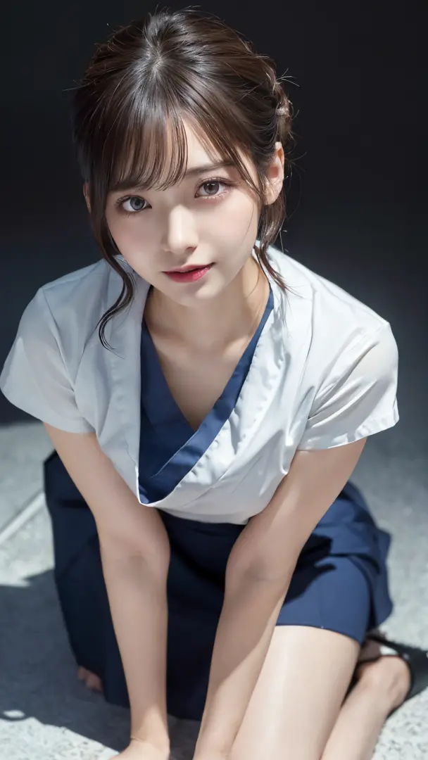Innocent 20 year old girl、((Japan Nurse, Sexy Nurse Uniform, Skirt, Cute and elegant, Dramatic poses)),Smile,background at room,short-cut、Raw photo, (8K、top-quality、​masterpiece:1.2)、(intricate detailes:1.4)、(Photorealsitic:1.4)、octane renderings、Complex 3...