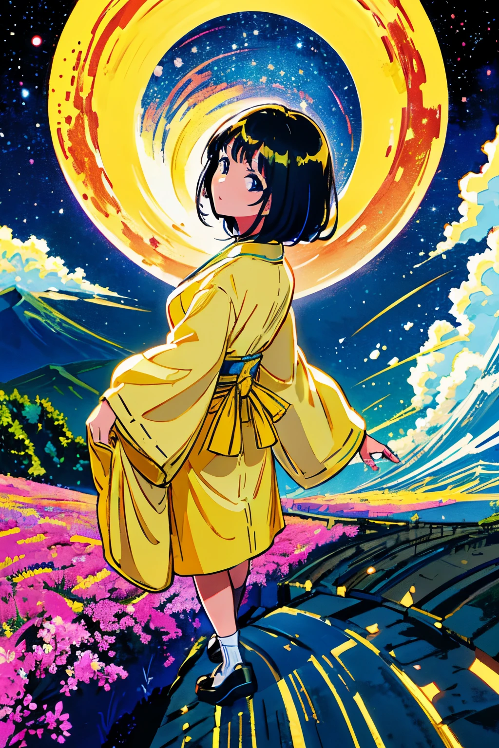 (Best Quality, 24K UHD, Hyper-realistic, Beautiful Japanese woman wearing a brightly colored white dress, Seen from behind),
(she holds out her hand),
(sun lit, Picturesque countryside),
(With Mt. Fuji in the background),
(breathtaking starry sky).