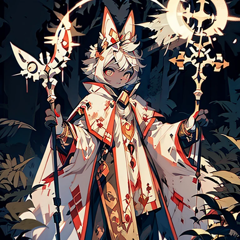 ( female white bunny)  ( white cloak with golden that have symbols)  ( nighttime in the forest cover in snoolden eyes) ( covered in blood) ( holding a staff)