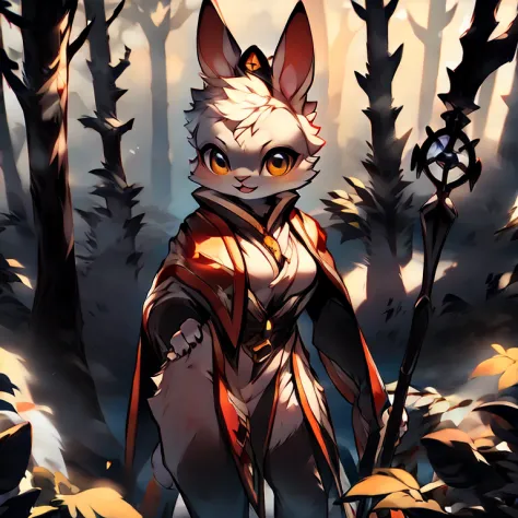 ( female white bunny)  ( white cloak with golden that have symbols)  ( nighttime in the forest cover in snow )  ( holding a staf...