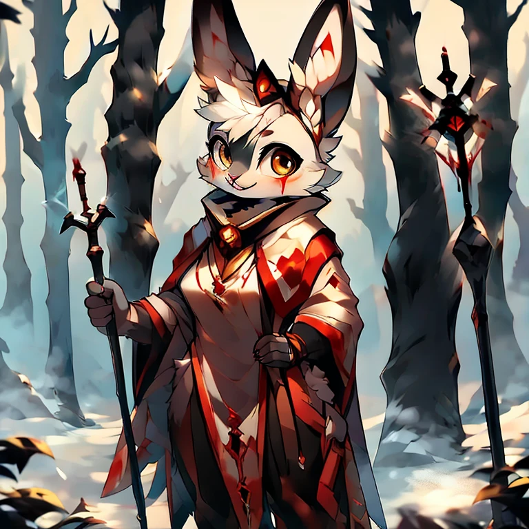 ( female white bunny)  ( white cloak with golden that have symbols)  ( forest cover in snow )  ( holding a staff) ( covered in blood)