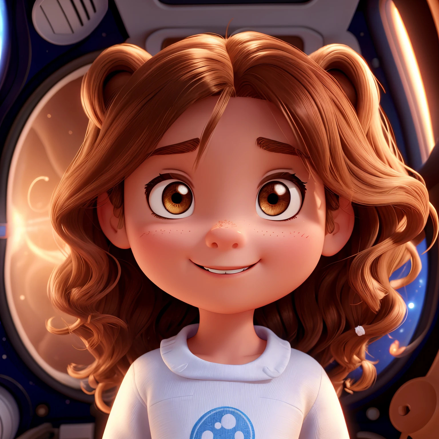 A seven year old Disney Pixar character girl with brown not too long wavy hair,  brown eyes with big eyelashes, round face, bold cheekbones, not a French nose, smiling and being an astronaut in space, 3D image