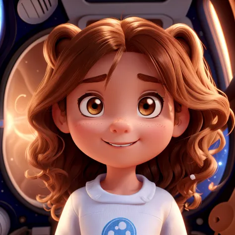 A seven year old Disney Pixar character girl with brown not too long wavy hair,  brown eyes with big eyelashes, round face, bold...