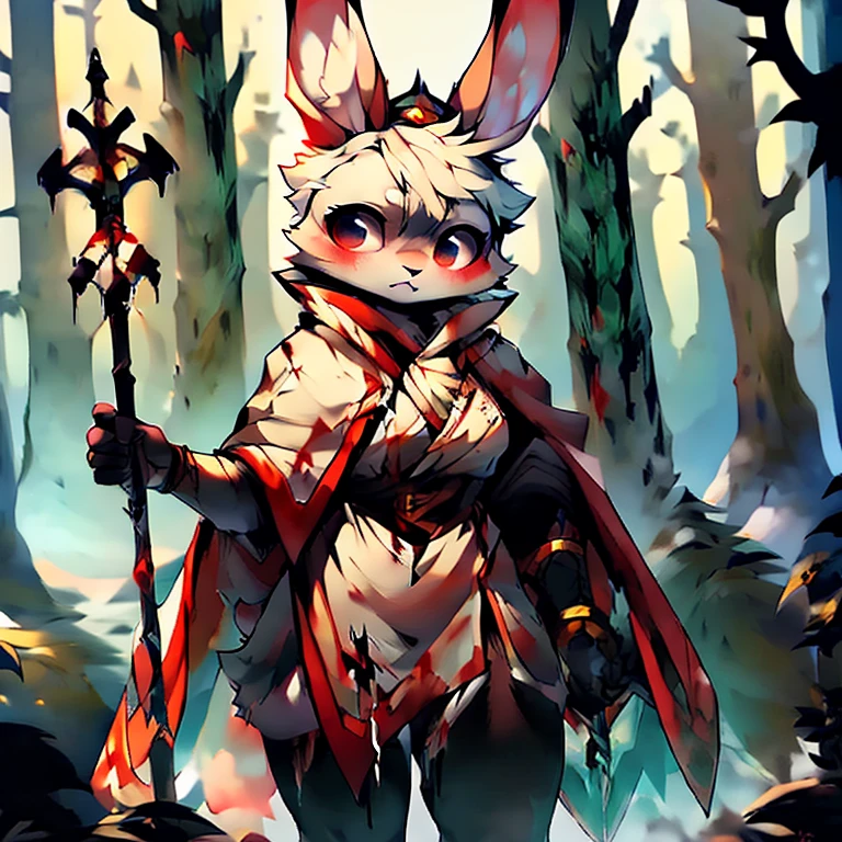 ( female white bunny)  ( white cloak with golden on it ) ( forest cover in snow  )  ( holding a staff) ( covered in blood) ( cold expression)