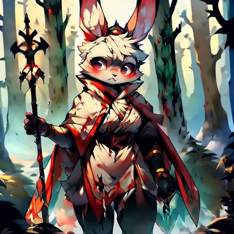 ( female white bunny)  ( white cloak with golden on it ) ( forest cover in snow  )  ( holding a staff) ( covered in blood) ( col...