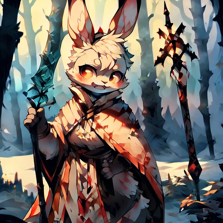 ( conejita blanca hembra)  ( manto blanco con dorado ) ( cubierta forestal en la nieve  )  ( sosteniendo un bastón) ( Cubierto en sangre) ( expresión fría)