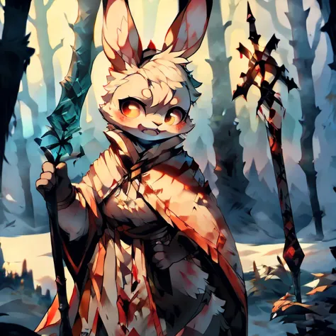 ( female white bunny)  ( white cloak with golden on it ) ( forest cover in snow  )  ( holding a staff) ( covered in blood) ( col...