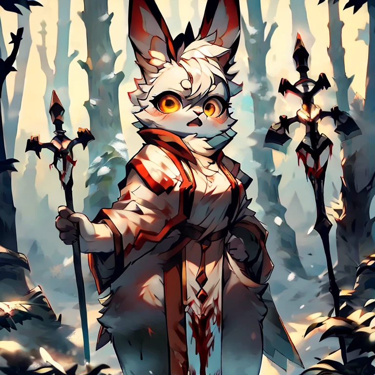 ( female white bunny)  ( white cloak with golden on it ) ( forest cover in snow  )  ( holding a staff) ( covered in blood) ( tired expression)