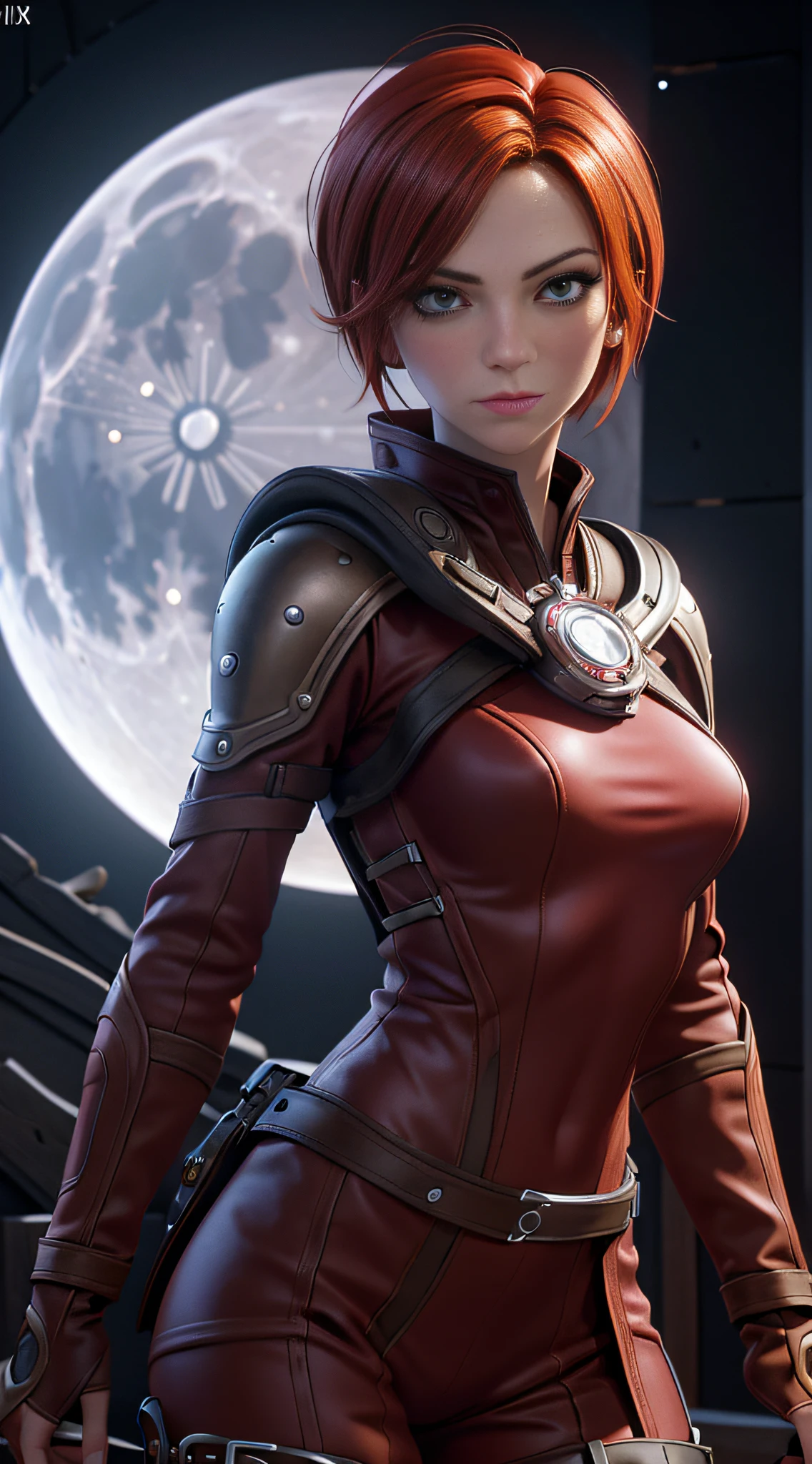 LelianaDA, masterpiece, highest quality, RAW, analog style, a stunning photo of a (beautiful woman), (short red hair), (maroon tight spy costume), (in the dark room), (moon lighting), (highly detailed skin, skin details), (highly detailed face and eyes), sharp focus, 8k UHD, DSLR, high quality, film grain, Fujifilm XT3, frowning, intricately detailed, highly detailed, cluttered and detailed background