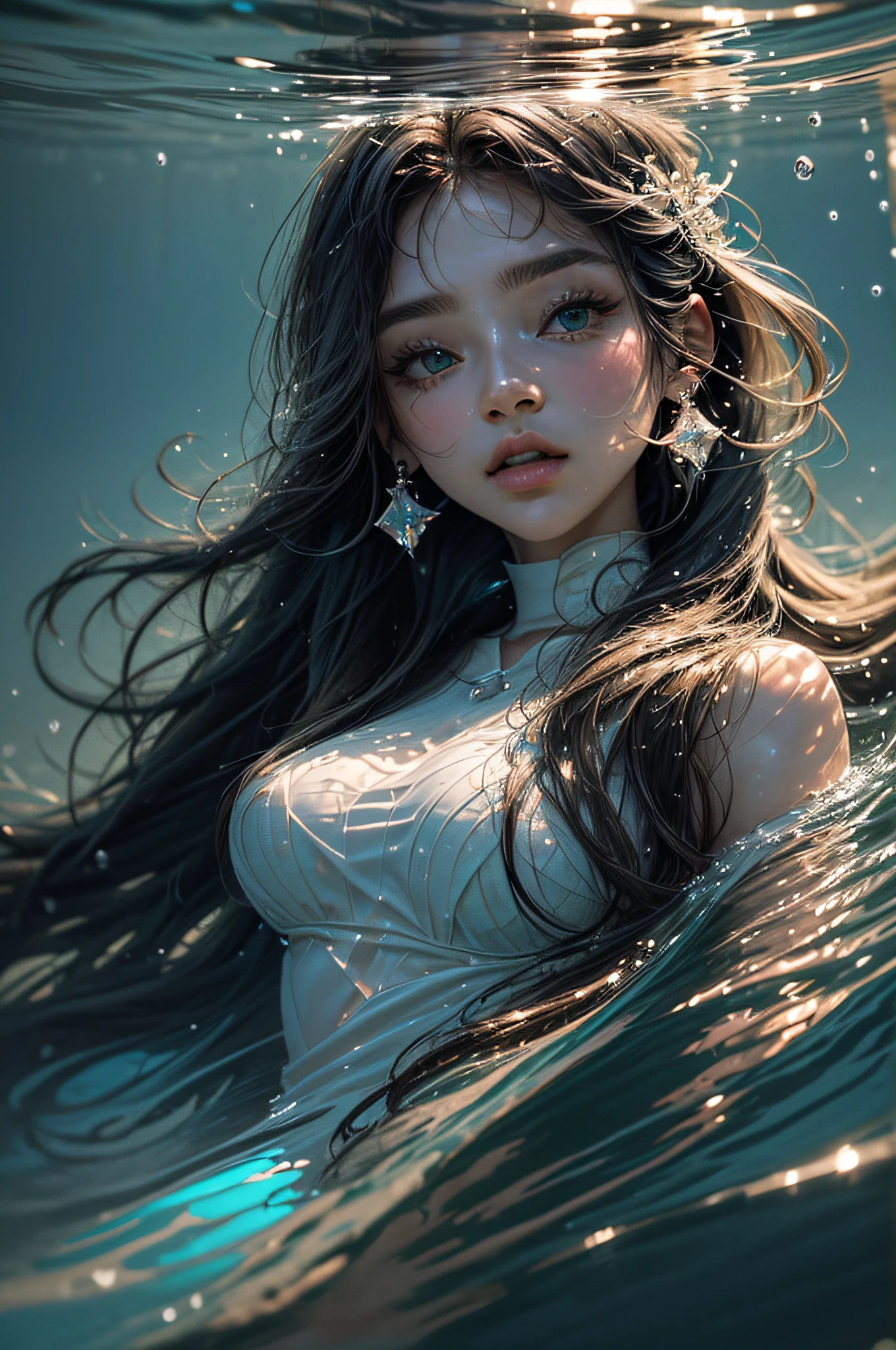 (best quality,4k,8k,highres,masterpiece:1.2),ultra-detailed,realistic,portraits,beautiful detailed eyes,beautiful detailed lips,extremely detailed eyes and face,nude,longeyelashes,young  girl,swimming underwater,submerged in crystal clear water,flowing hair,shimmering sunlight,sparkling bubbles,serene and peaceful atmosphere,graceful movements,soft and ethereal lighting,emerald green background,vivid colors,water ripples,perfectly captured moment