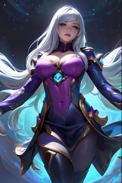 (League of Legends:1.5),Astrid, the Graviton Slinger,  depicted in her splashart as a powerful and enigmatic force, wielding her gravitational manipulation abilities with mastery. The scene takes place in a celestial realm, where stars and cosmic energy il...