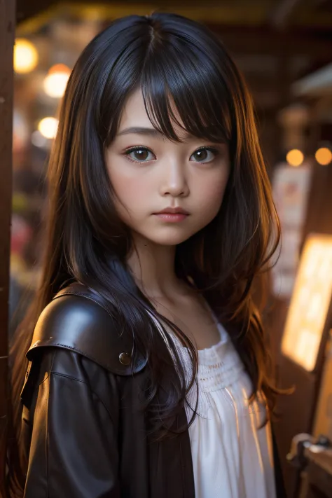 {masutepiece},{Best Quality},{1girl in}, Cute,Giljin, 11 years old, Beautiful detailed eyes, Ruby eyes, Long hair, black colored...