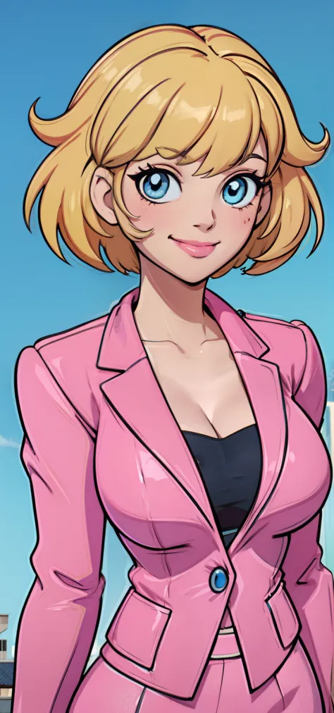 Girl wears blazer　A smile　top-quality　beuaty girl　short-hair　Pink hair　The blonde　huge tit　tmasterpiece　eBlue eyes
