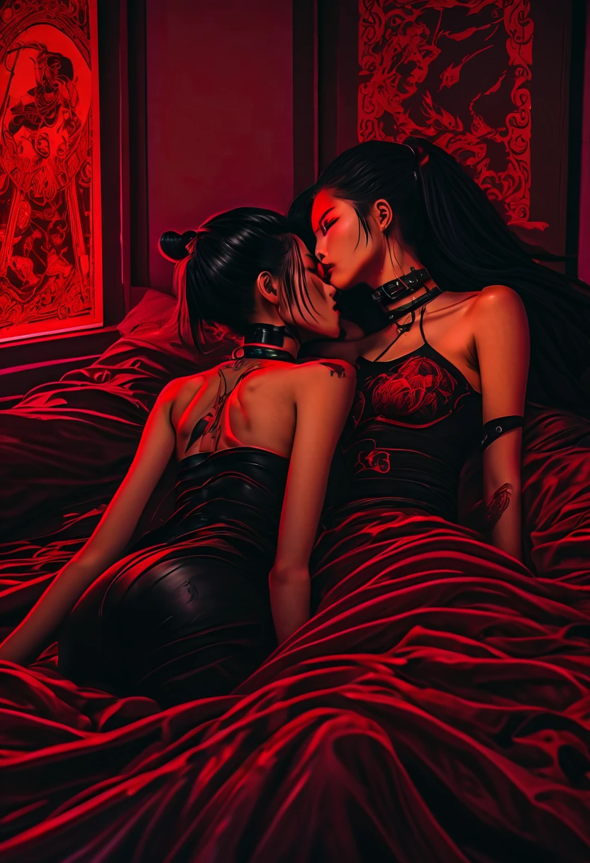 un elegante dormitorio en un ático gótico con sábanas negras y rojas en la cama y pinturas góticas en las paredes, Dos chicas asiáticas cyberpunk se acuestan en la cama, una desnuda y otra con tanga, besándose en los labios y abrazándose estrechamente.