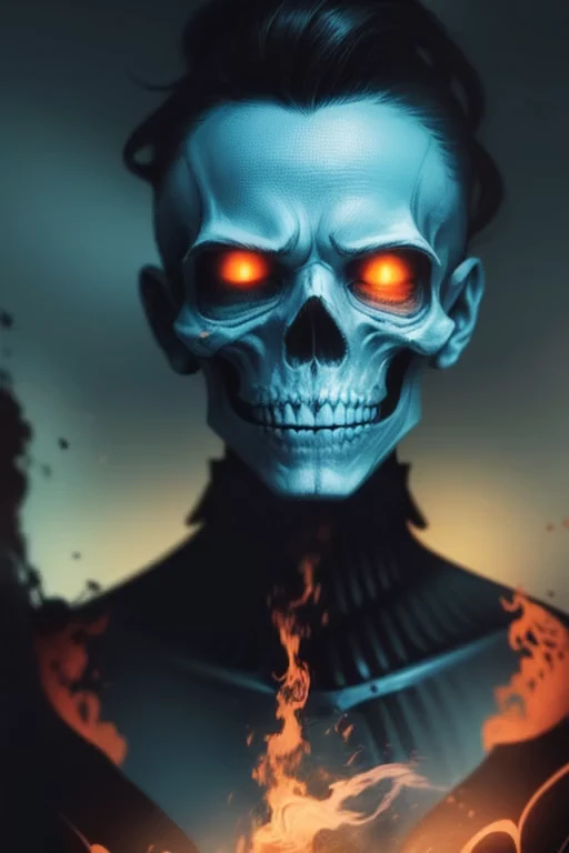 a painting of a skeleton smoking a cigarette, digital art, by Dan Mumford, behance contest winner, psychedelic art, dress made of fire, cyan and orange palette. vivid, andrew tate, his head  a skull, burning clouds, woman made of black flames, popular on behance, fractal insane, portrait of professor sinister, bright blue future, icon for an ai app