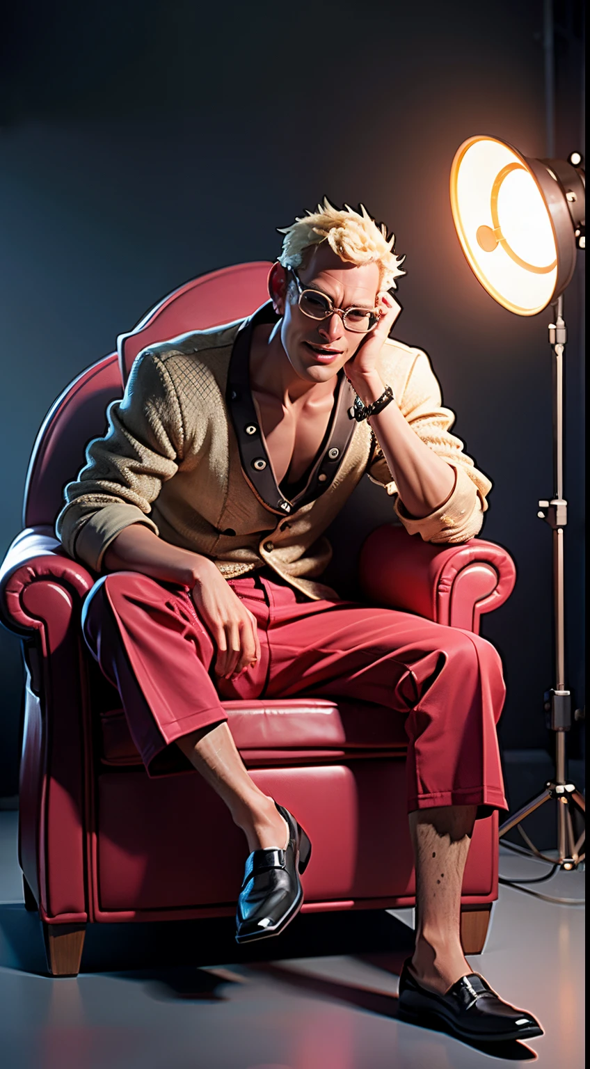 Doffy assis sur une chaise, Dans les coulisses de Doffy prenant une photo en studio photo, prise de vue par un photographe professionnel, (pose dynamique:1.2), ((chef-d&#39;œuvre, Meilleure qualité)), Éclairage cinématographique, Éclairage professionnel, Fond gris simple