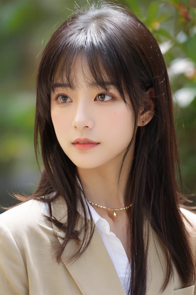 1 adult female, (up of face:1.5), Black hair, Blunt bangs, hair behind ear, hair over shoulder, Long hair, Ultra Fine Face, Thin face, Delicate lips, (beautidful eyes:1.5), thin blush, eyes are light brown,View here, （Hands hide）, formal jackets, a choker ,Port Area ,One-person viewpoint, 8K, masutepiece, nffsw, Super Detail, High quality, Best Quality, hight resolution, whole body, Let your upper body come out