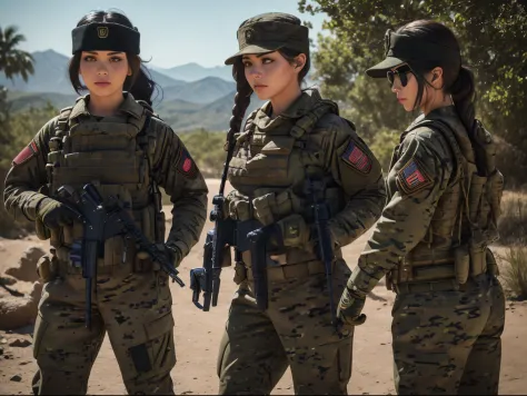 sexy, millitary, us soldier, plate carrier, gun, M4A1 rifle, baseball hat,  black uniform, lots of pockets, long hair sticking out the back of baseball hat,  stronge arms, in combat,, tinted combat sunglasses, bandana, combat gloves, ponytail, two girls, j...