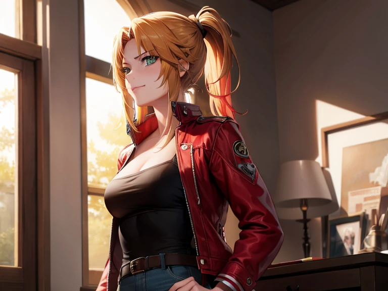 1girl, green eyes, high res, ultrasharp, 8K, masterpiece, looking at viewer, smirking, blonde, messy mid-pony tail, posing, red hair tie, red jacket, short denim