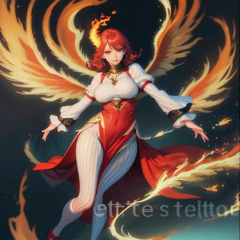 red phoenix , beautiful female, chubby, flames on body, huge wings, curly hair, flames, fire