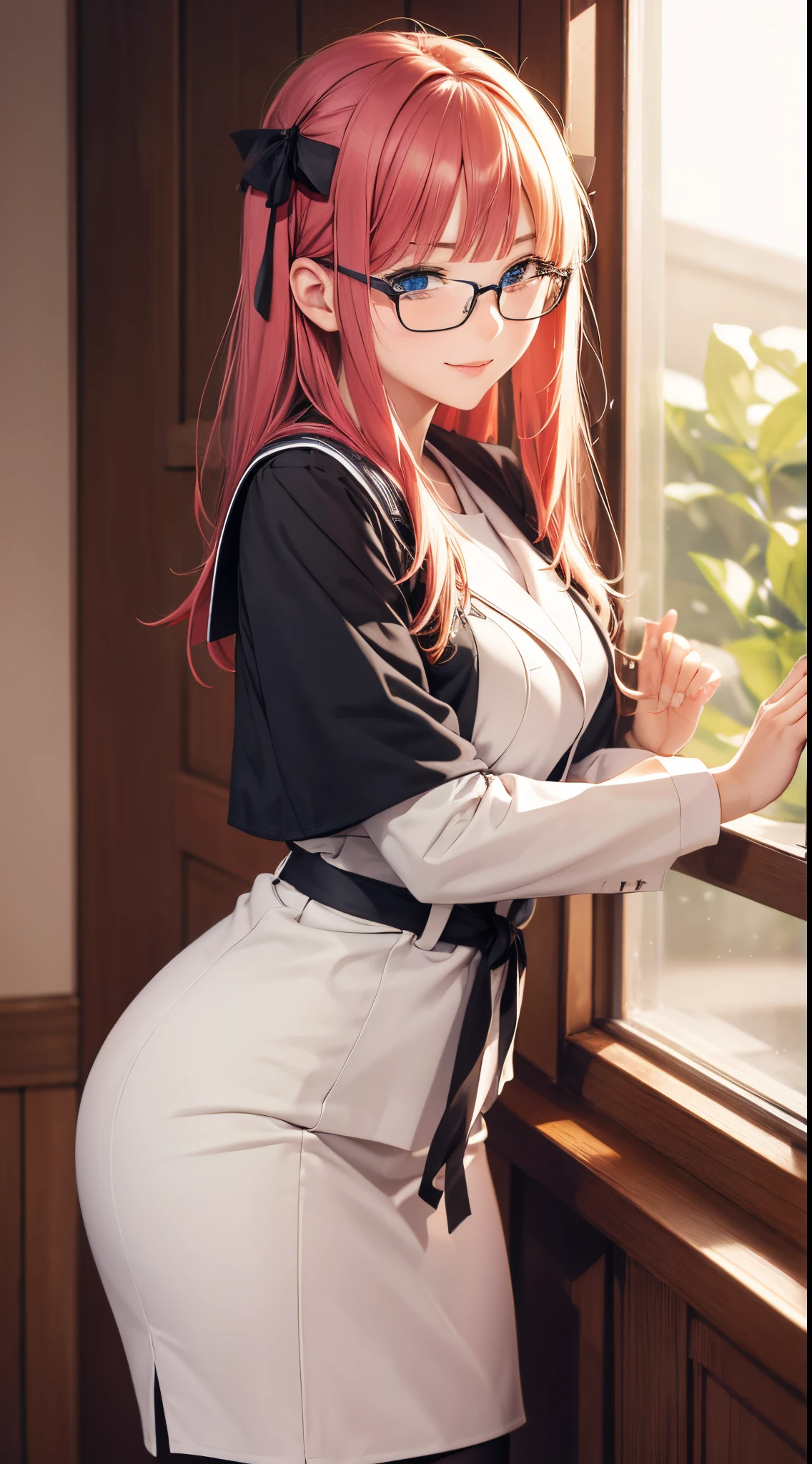 A woman in a maid outfit leaning against a window - SeaArt AI