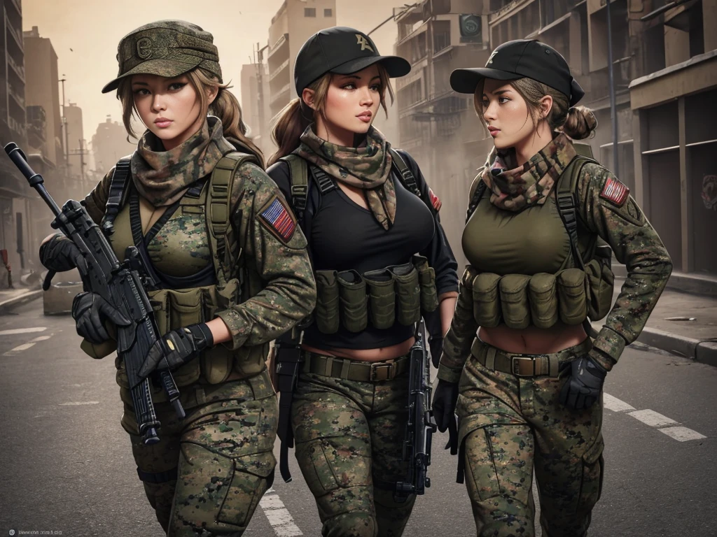 sexy, lustfull, millitary, us soldier, plate carrier, gun, M4A1 rifle, baseball hat,  camo uniform, lots of pockets, long hair sticking out the back of baseball hat,  stronge arms, in combat,, tinted combat sunglasses, bandana, combat gloves, ponytail, two girls, jungle backround, high def, 8k, night time, holosight scope, looking through scope,combat boots, having good time, gun on sling, gun on chest, natural , having good time, pistol on leg, black rifle, m4a1 hanging, scarf, laughing, black gloves, black scarf, large scarf, orange tinted combat glasses, large tittys, big legs, chest plate with m4 magazines, serious, m4 style gun, messy bun, walking with m4, large chest, camo baseball hat, longe tight pants, camo pants, longe sleeve combat jacket, camo jacket, lots of pockets on jacket and pants