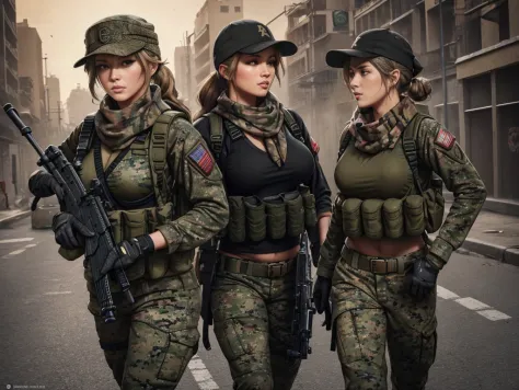 sexy, lustfull, millitary, us soldier, plate carrier, gun, M4A1 rifle, baseball hat,  camo uniform, lots of pockets, long hair s...
