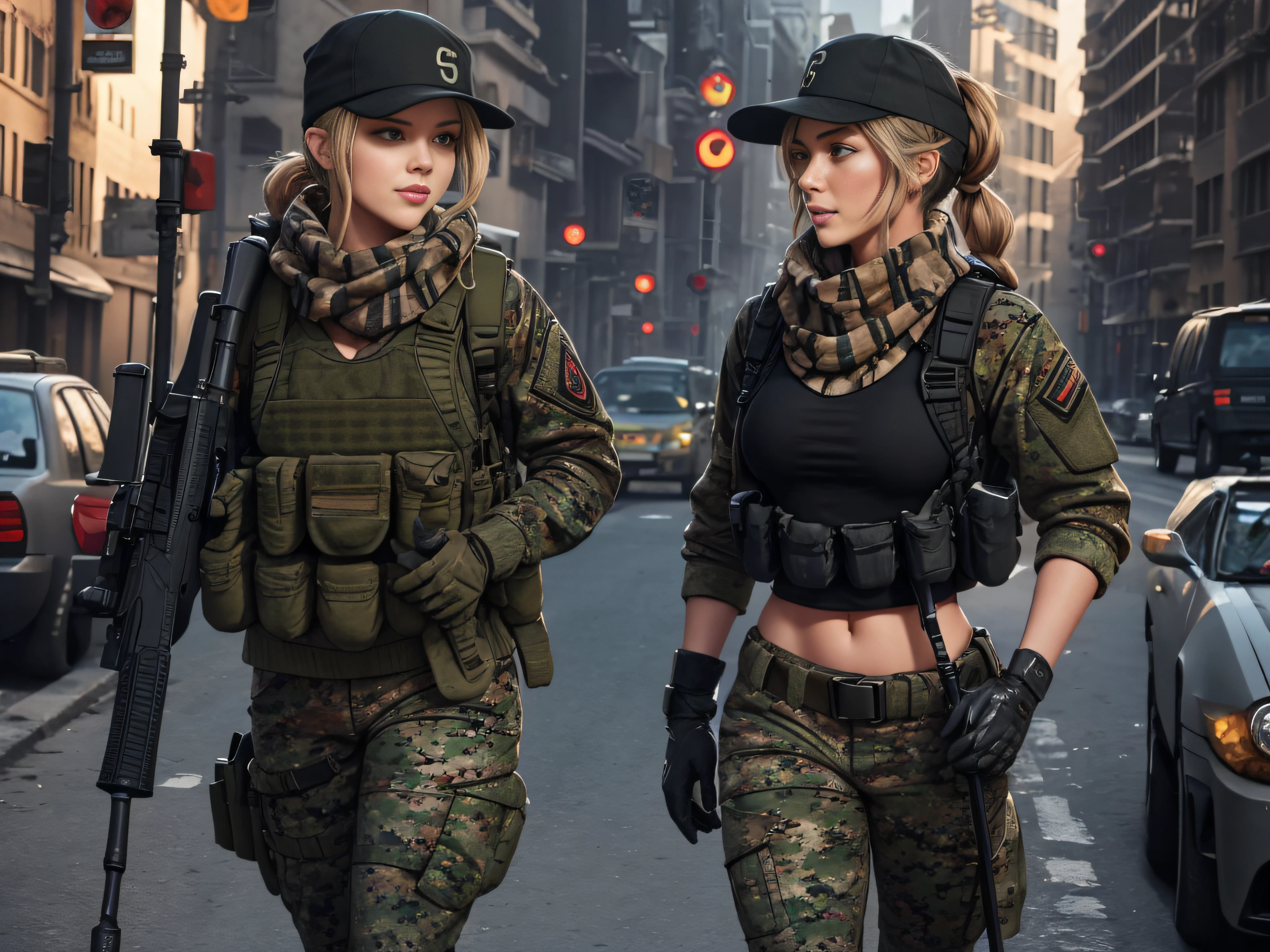 sexy, lustfull, millitary, us soldier, plate carrier, gun, M4A1 rifle, baseball hat,  camo uniform, lots of pockets, long hair sticking out the back of baseball hat,  stronge arms, in combat,, tinted combat sunglasses, bandana, combat gloves, ponytail, two girls, jungle backround, high def, 8k, night time, holosight scope, looking through scope,combat boots, having good time, gun on sling, gun on chest, natural boobs, having good time, pistol on leg, black rifle, m4a1 hanging, scarf, laughing, black gloves, black scarf, large scarf, orange tinted combat glasses, large tittys, big legs, chest plate with m4 magazines, serious, m4 style gun, messy bun, walking with m4, large chest, camo baseball hat, longe tight pants, camo pants, longe sleeve combat jacket, camo jacket, lots of pockets on jacket and pants, big ass