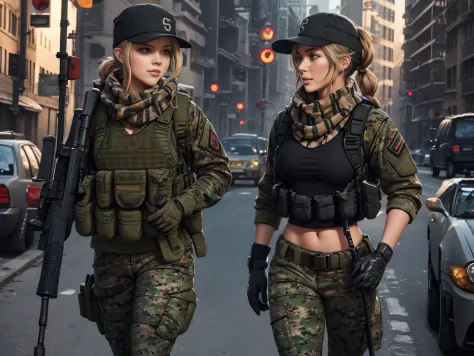 sexy, lustfull, millitary, us soldier, plate carrier, gun, M4A1 rifle, baseball hat,  camo uniform, lots of pockets, long hair sticking out the back of baseball hat,  stronge arms, in combat,, tinted combat sunglasses, bandana, combat gloves, ponytail, two...