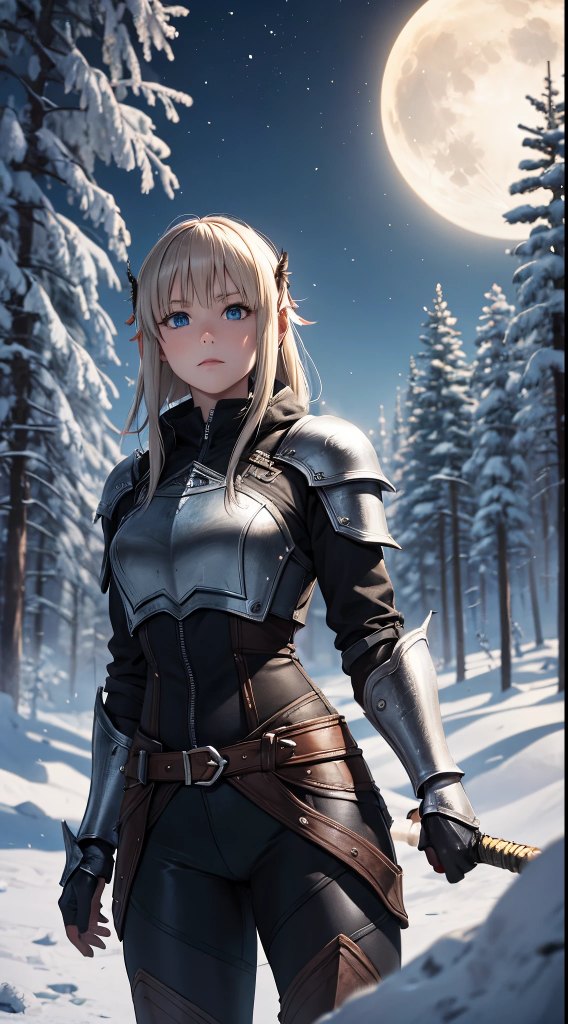 Nino Nakano,skyrim armor,forest night snowy moonlight