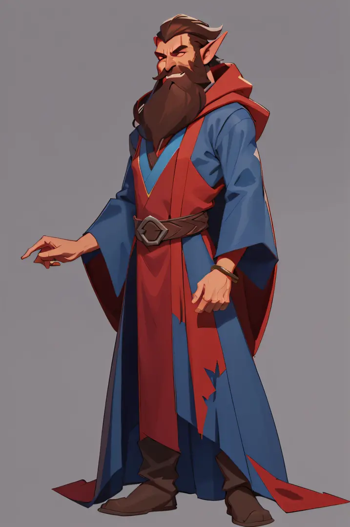 1boy, monster ((RED SKIN)), pointed ears, broad nose, ((DARK BROWN BEARD)), wearing wizard robes(blue), pointed cap(red), mstoconcept art, european and american cartoons, game character design, solo, BACKGROUND, GRAY BACKGROUND, WIZARD, FULL BODY, STANDING...