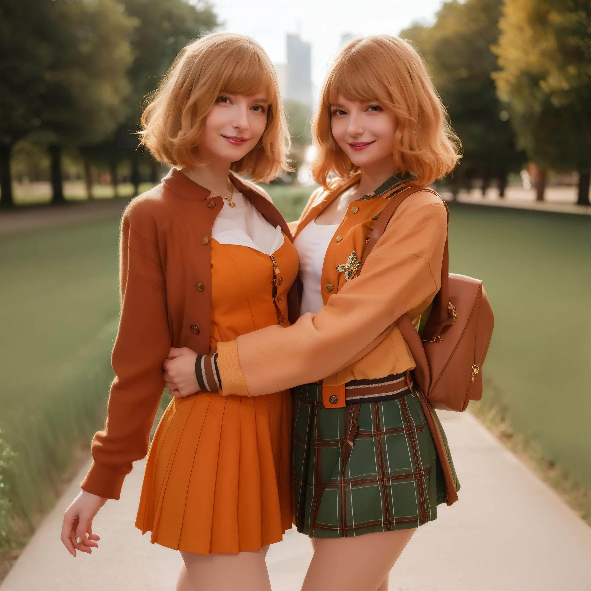 Two women in school uniforms posing for a picture in a park - SeaArt AI