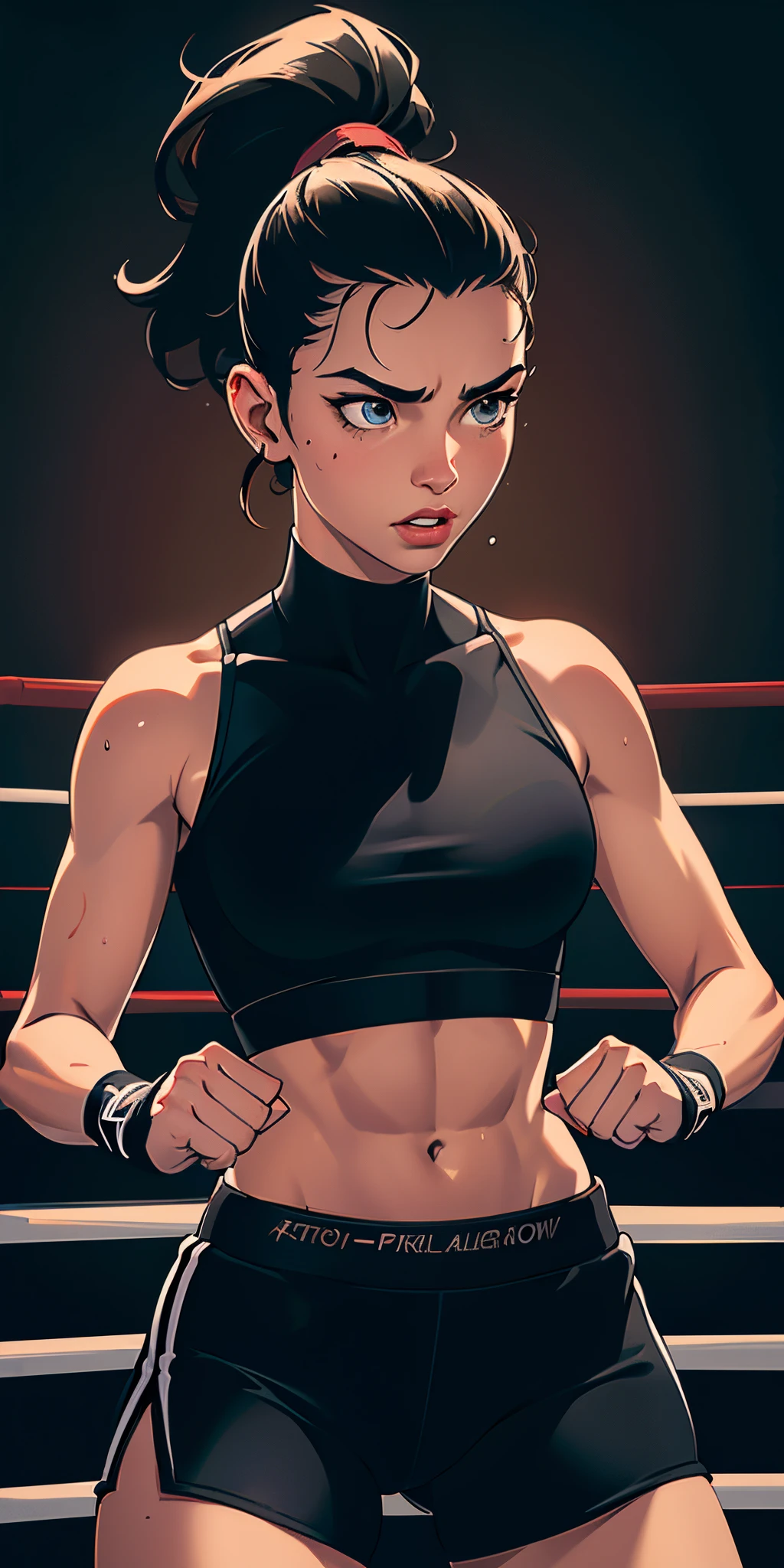 (original) , (very detailed wallpaper) , (best quality) , (masterpiece) , photographic reality, realistic, very detailed illustrations, (1 girl) , beautiful eyes, (delicate face) , perfect detail, (best lighting) , (super complex detailoxing girl) , (aggressive punching) , sweat, heavy breathing, (oppressive attack) , (boxing ring) , athletic shorts, perfect detail, perfect fingers, perfect limbs, impact, (shiny skin) , abs, muscles, waistline,boxing shorts, fist fight, black hair, high ponytail, very long hair, 
4K unified, (super detailed CG: 1.2) , (8K: 1.2) , realistic, octane rendering